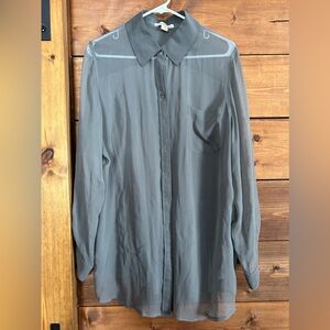 Coldwater Creek  Sheer front, knit back, Gray Button-Up Blouse.